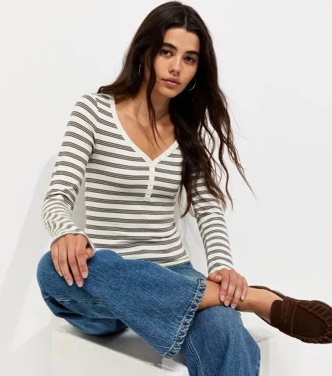New Look Women's Cream Cotton Rich Striped Long Sleeve Henley Top