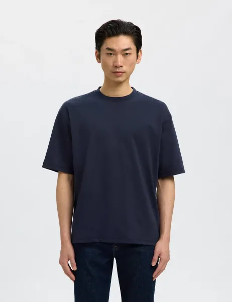 Selected Cotton Blend Crew Neck T-Shirt Navy