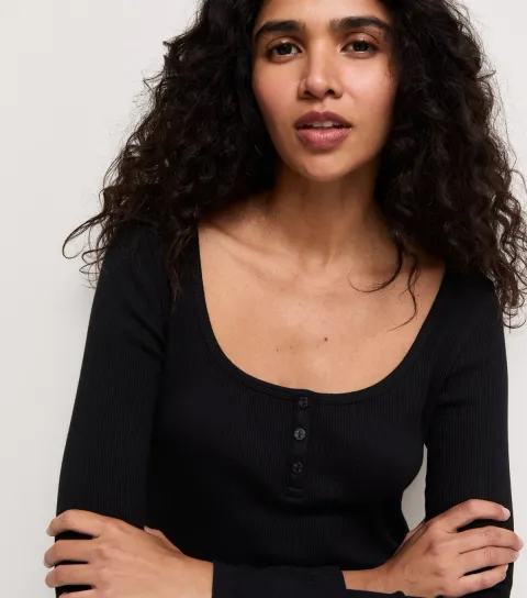New Look Women's Black Cotton Rich Ribbed Scoop Neck Henley Top