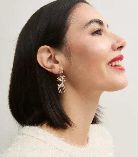 New Look Gold Tone Christmas Reindeer Diamante Earrings