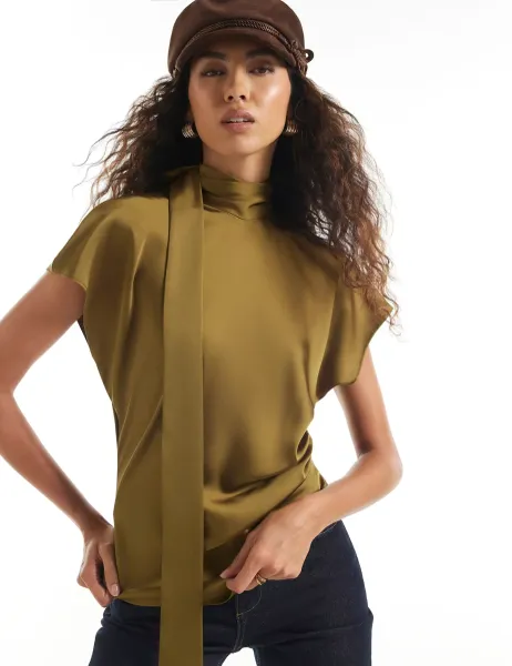 River Island Satin Draped Tie Neck Top Khaki