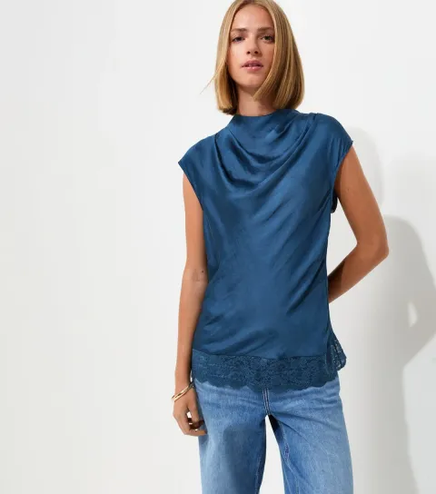 Women's Navy Satin Cowl Neck Lace Hem Top