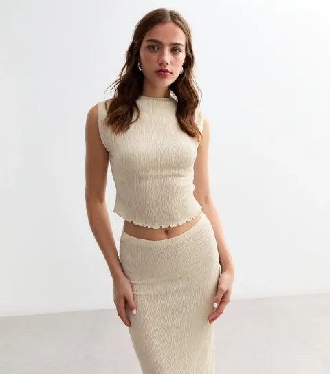 Women's Cream Funnel Neck Sleeveless Textured Top