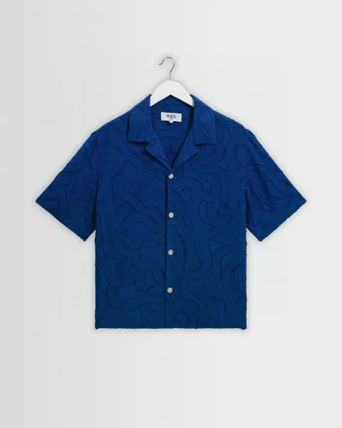 Curzon - Blue Jacquard Viscose Short-Sleeve Shirt