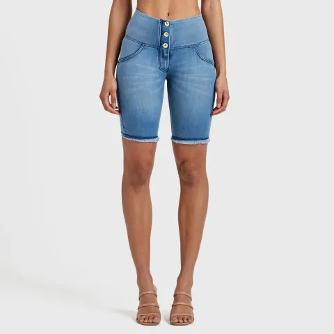 Freddy WRUP Denim - High Waisted - 3 Button Biker Shorts - Light Blue + Blue Stitching