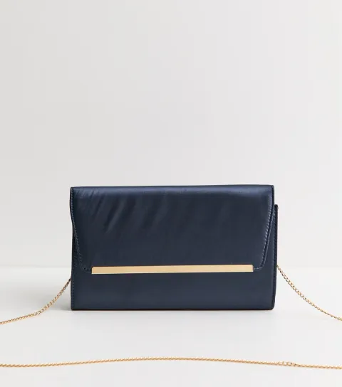 New Look Navy Satin Rectangular Bar Clutch