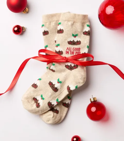 New Look Oatmeal Cotton Rich Christmas All Good In The Pud Pattern Ankle Socks