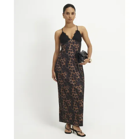 River Island Petite Leopard Lace Trim Maxi Dress