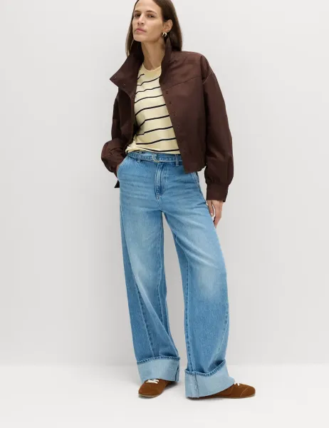 Marks & Spencer Pure Cotton Belted Wide Leg Turn Up Jeans Medium Indigo