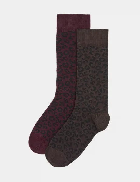 Marks & Spencer 2 Pack Leopard Print Ankle High Socks Chocolate Mix