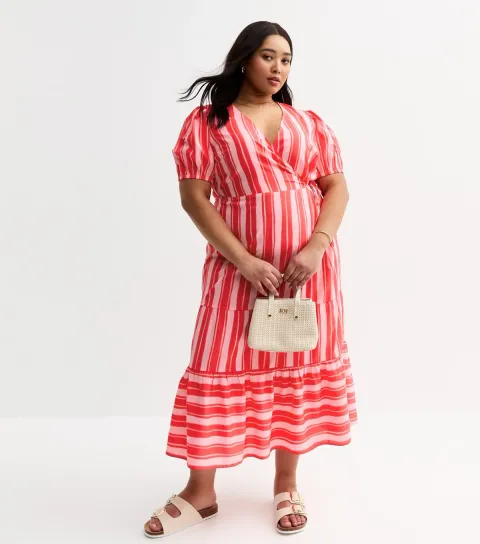 Women's Plus Size Pink Stripe Print Tiered Midi Dress Curves