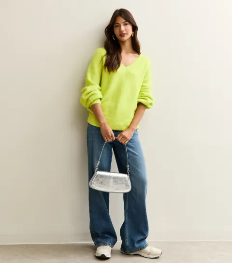 Women's Bright Green V-Neck Jumper
