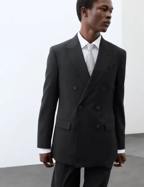 Autograph Tailored Fit Italian Performance Linen Blend Double Breasted Suit Jacket Black