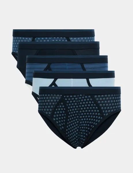 Marks & Spencer 5 Pack Cotton Stretch Assorted Pattern Briefs Blue Mix