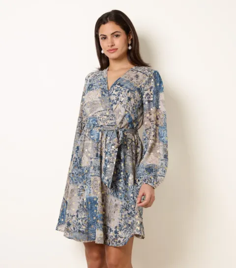 Women's Blue Floral Foil Patchwork Print Mini Dress