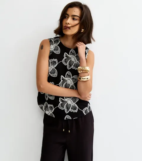 Women's Black Embroidered Floral Curved Hem Top