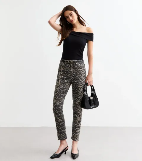 Women's Brown Leopard Print Straight Leg Jeans
