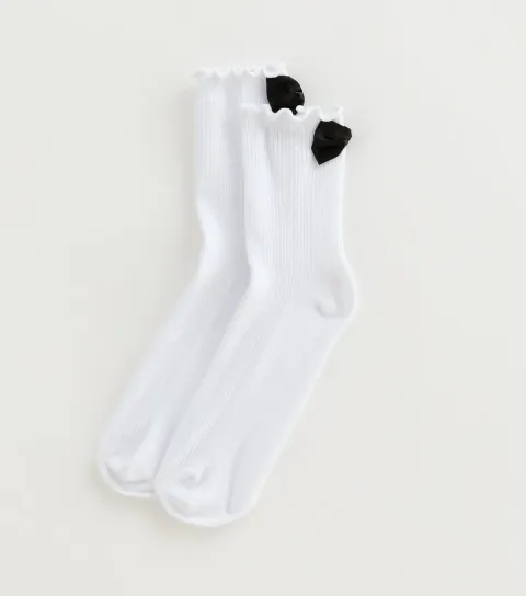 White Tuxedo Bow Lettuce Trim Socks