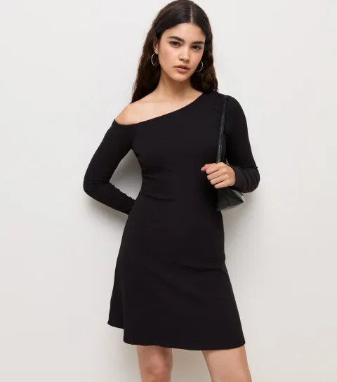 New Look Women's Black Ribbed Off the Shoulder Long Sleeve Mini Dress