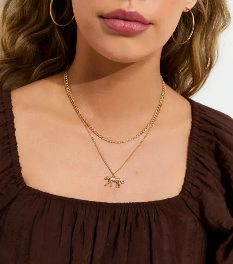 2 Layer Gold Tone Leopard Pendant Necklace