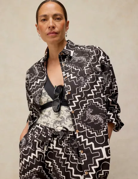 White Stuff Cotton Rich Printed Beach Shirt With Linen Black Mix