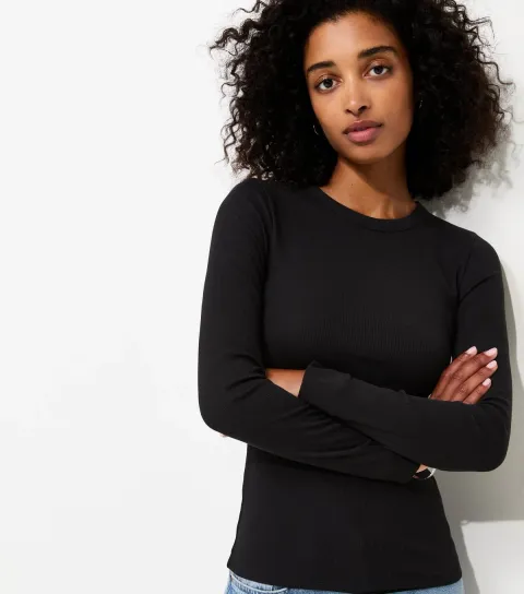 Women's Black Cotton Rich Ribbed Crew Neck Long Sleeve Top