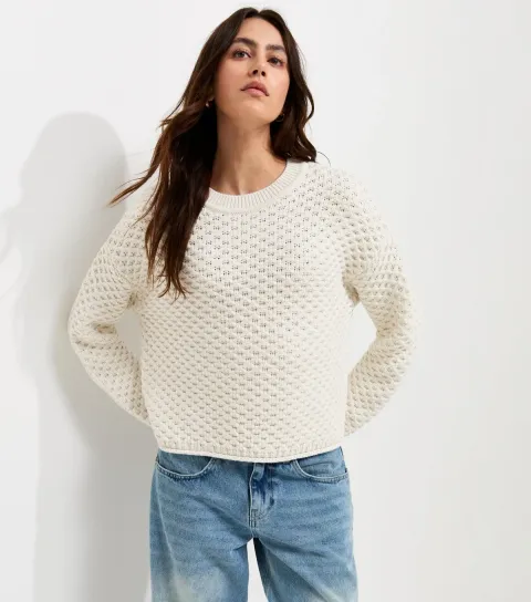Women's Off White Chunky Knit Crew Neck Jumper