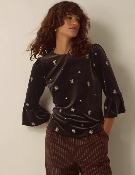 Monsoon Velvet Embroidered Crew Neck Blouse