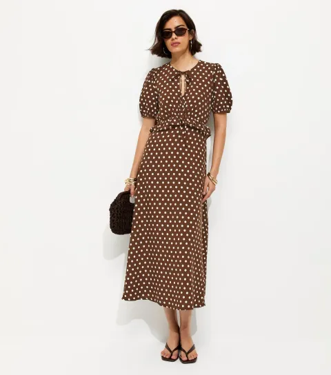 Women's Brown Polka Dot Short Sleeve Keyhole Midi Dress