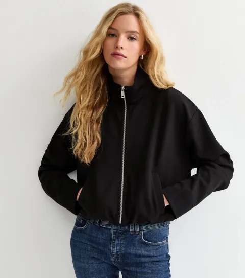 Women's Black Bubble Hem Zip Up Top