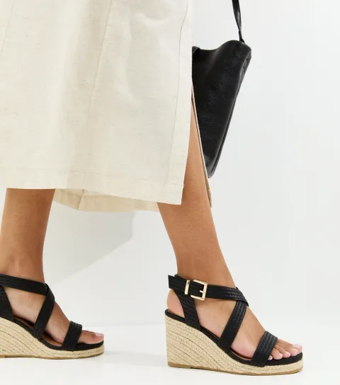 Women's Wide Fit Black Textured Faux Leather Wedge Sandals Vegan