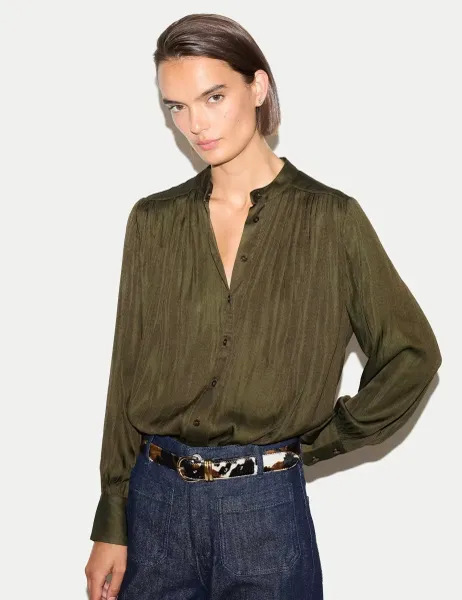 Jigsaw Satin Pleated Collarless Blouse Olive