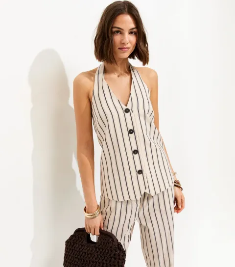 Women's Cream Cotton Stripe Halterneck Waistcoat