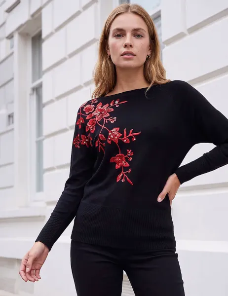 Roman Rayon Rich Sequin Floral Jumper Red Mix