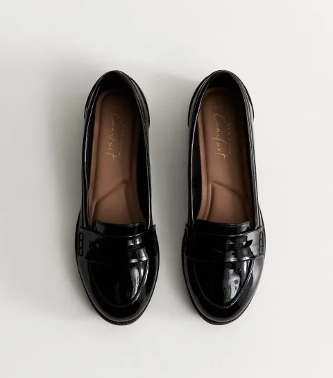 Women's Black Faux Patent Leather Penny Loafers Vegan