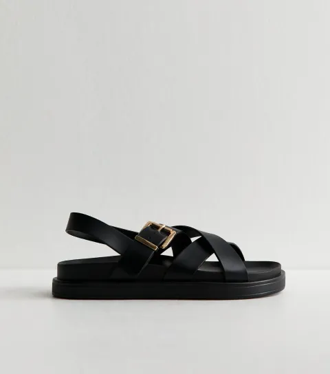 New Look Women's Black Faux Leather Multi Strap Chunky Flat Sandals Vegan
