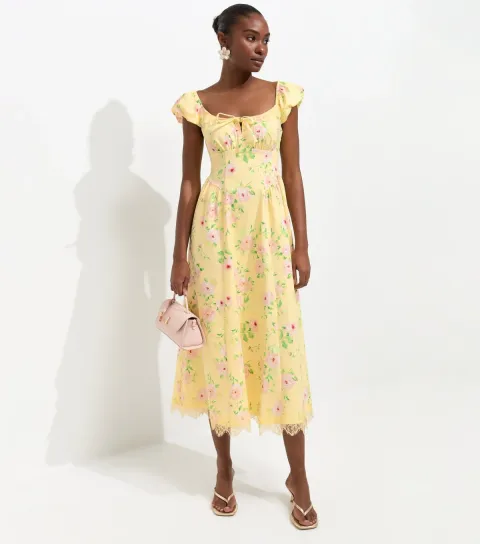 Women's Yellow Painted Rose Print Milkmaid Midi Dress