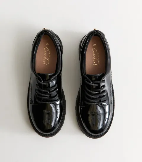 Women's Black Patent Faux Leather Lace Up Shoes Vegan