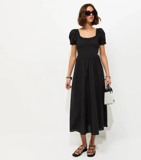 Women's Black Lace Trim Milkmaid Midi Dress