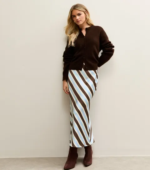 Women's Petite Brown Striped Satin Bias Cut Midi Skirt