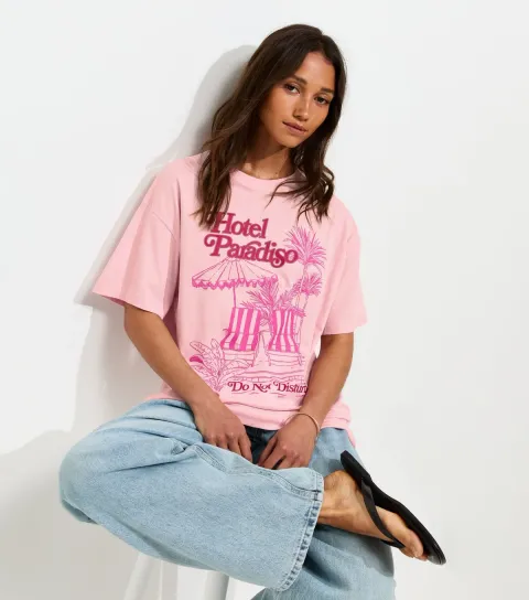 Women's Light Pink Cotton Hotel Paradiso Oversized T-Shirt