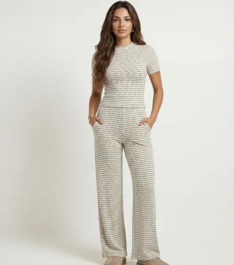 Women's Cream Striped Jersey Wide Leg Trousers