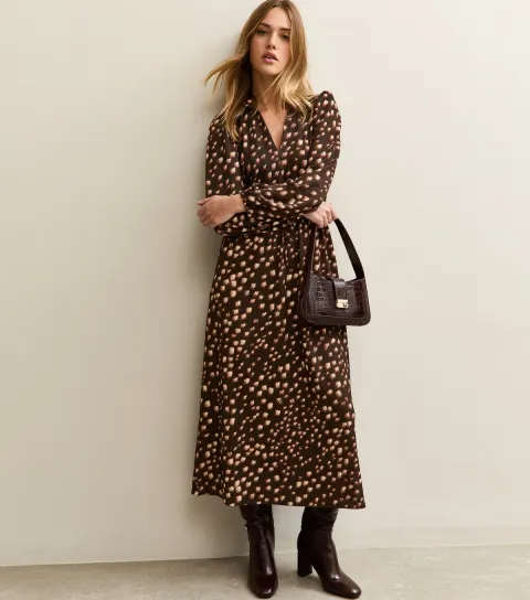 Women's Brown Crinkle Texture Printed Midi Shirt Dress