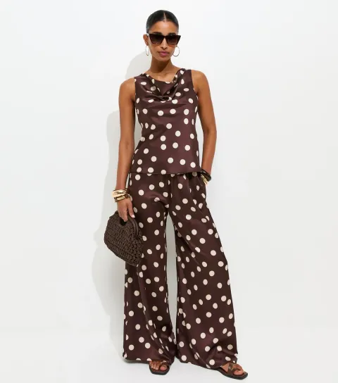 Women's Red Satin Spot Print Wide Leg Palazzo Trousers