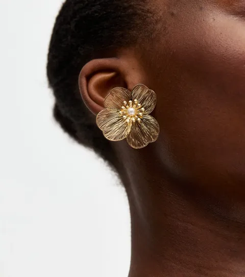 Gold Tone Statement Flower Stud Earrings