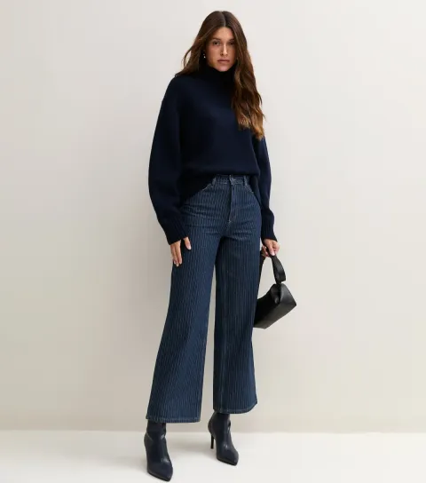 New Look Women's Blue Cotton Pinstripe Denim Adalae Wide Leg Jeans