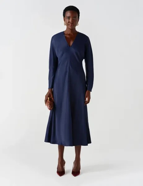 Ghost Satin V Neck Wrap Midaxi Column Dress Navy
