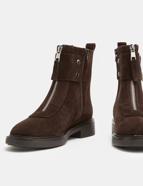 Marks & Spencer Suede Buckle Block Heel Round Toe Ankle Boot Brown