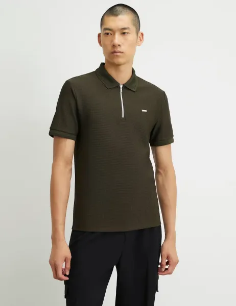 Textured Zip Up Short Sleeve Polo Shirt Khaki