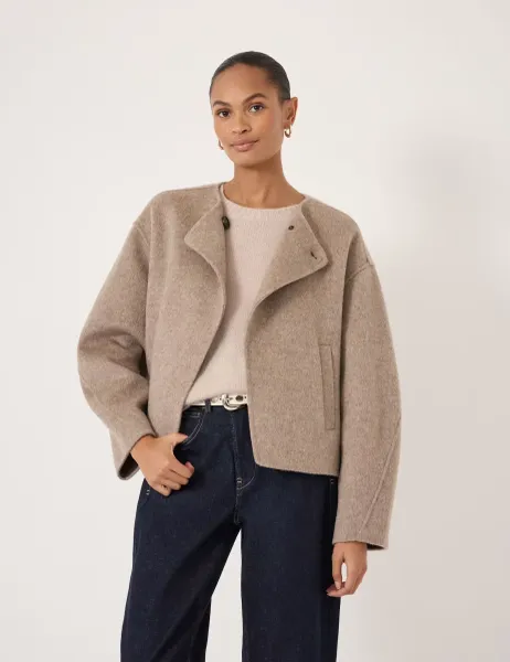 HUSH Pure Wool Collarless Short Jacket Oatmeal